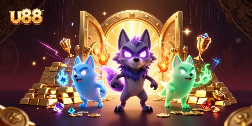 Experience u88's excitement with glowing wolves amidst treasures in a vibrant casino scene.