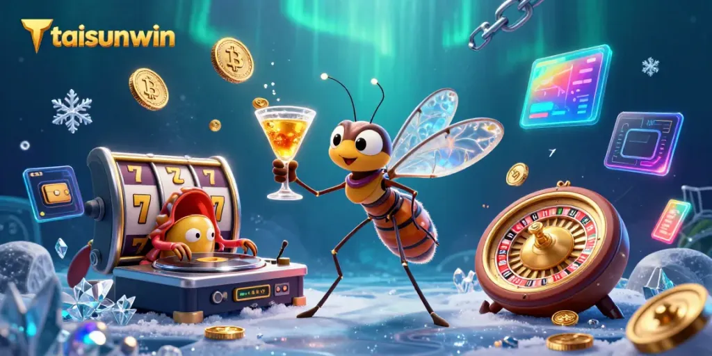 Engage with thrilling games at taisunwin featuring a vibrant casino scene with colorful slot machines and characters.
