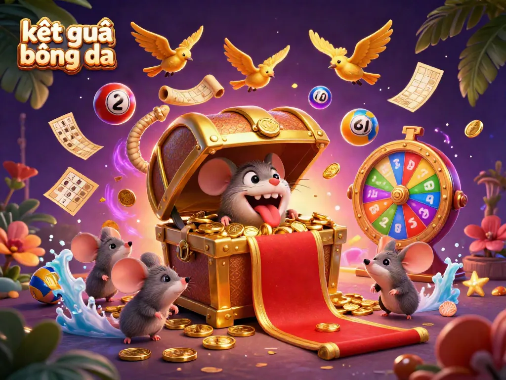 Engage with kết quả bóng đá as colorful numbered lottery balls scatter around a treasure chest in this vibrant gaming scene.