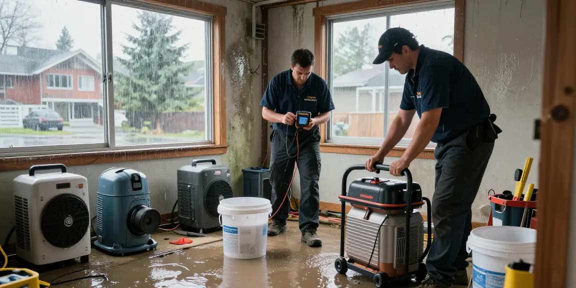 Water Damage Restoration North Vancouver team working to restore a flooded basement environment.