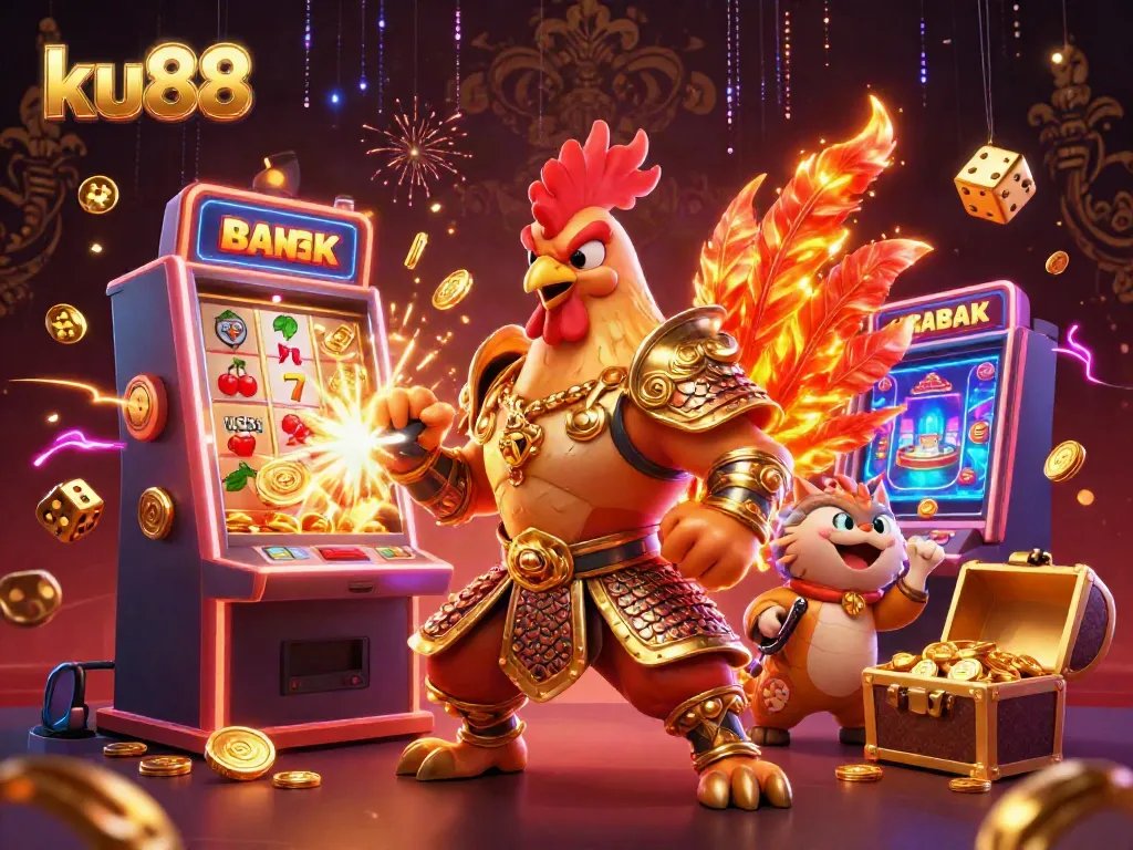Spin wins with ku88's dynamic casino scene, featuring a rooster warrior, dragon hatchling, and vibrant jackpots.