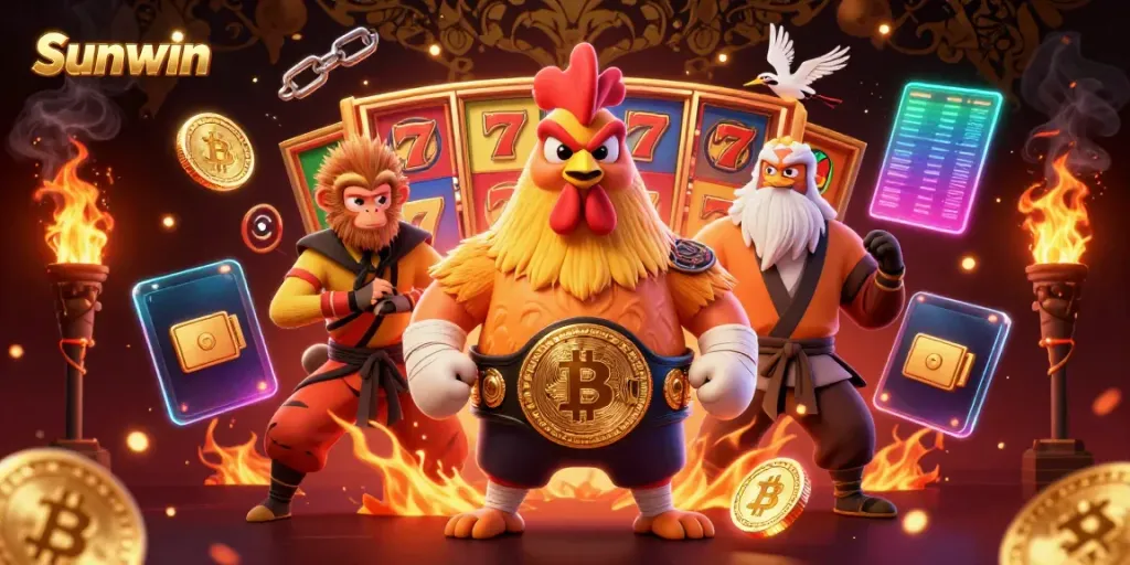 Experience thrilling slots at Sunwin with an exciting casino scene featuring vibrant characters and game elements.