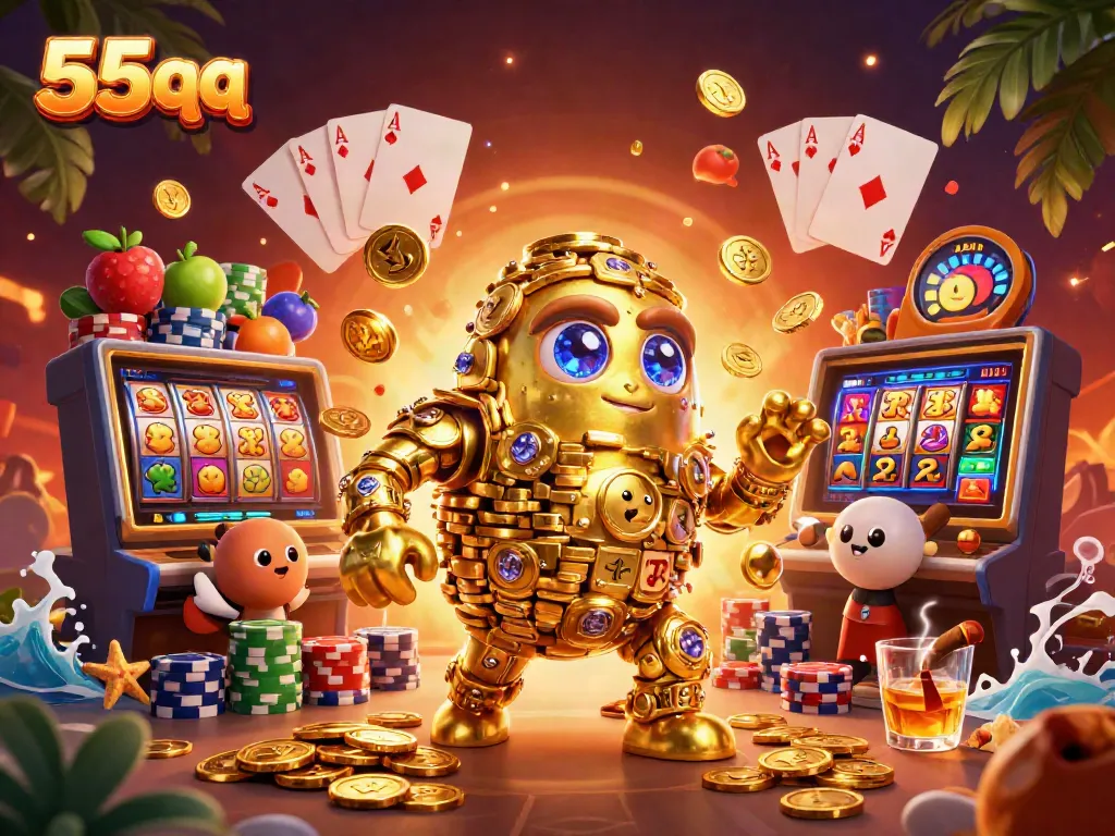 Experience the thrill of 55qq with dynamic slot machines and golden characters in a vibrant casino scene.