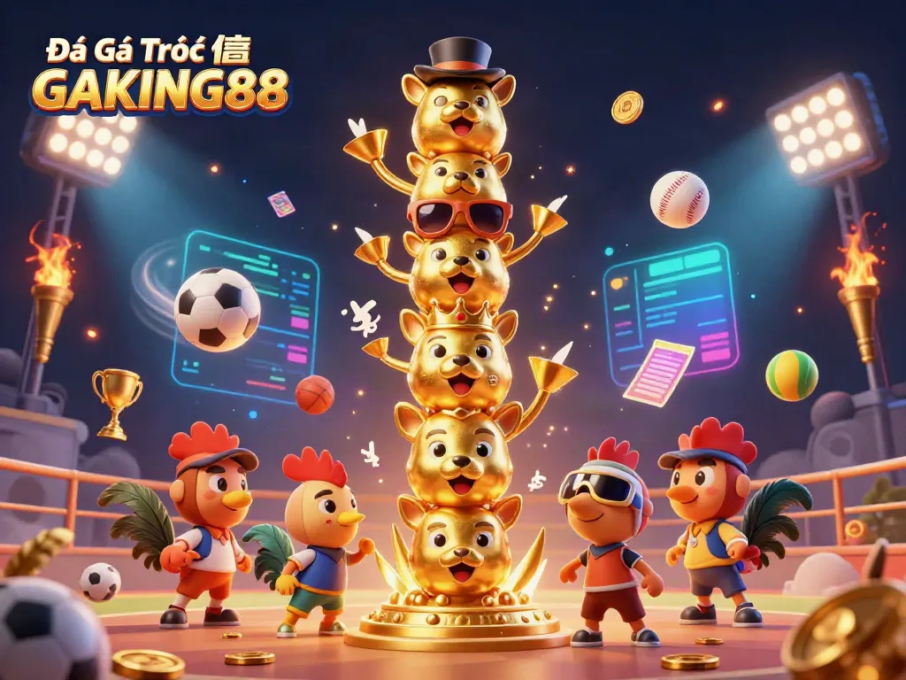 Experience the excitement of Đá Gà Trực Tiếp GAKING88 with vibrant 3D illustration capturing cockfighting action.