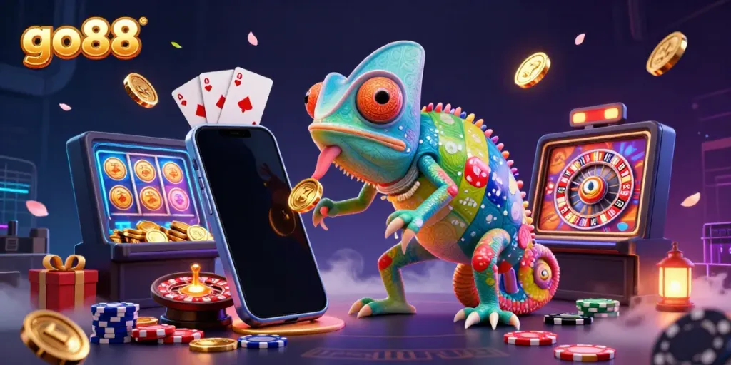 Engaging representation of go88 with a vibrant chameleon casino owner amidst dynamic gambling elements.