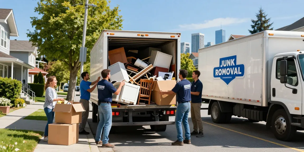 Vancouver Junk Removal team efficiently unloading clutter from a truck in a lively residential area.