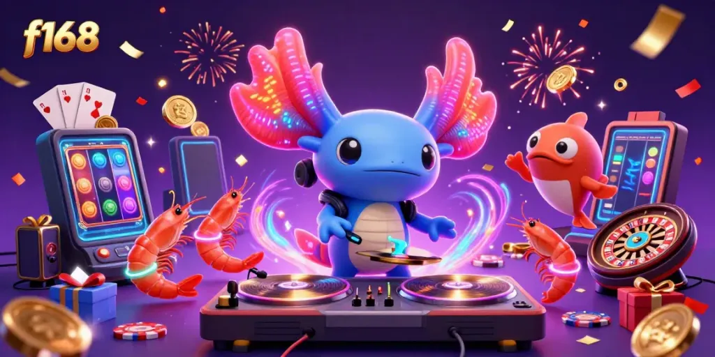 f168 immersive casino scene with a lively axolotl DJ and engaging slot games
