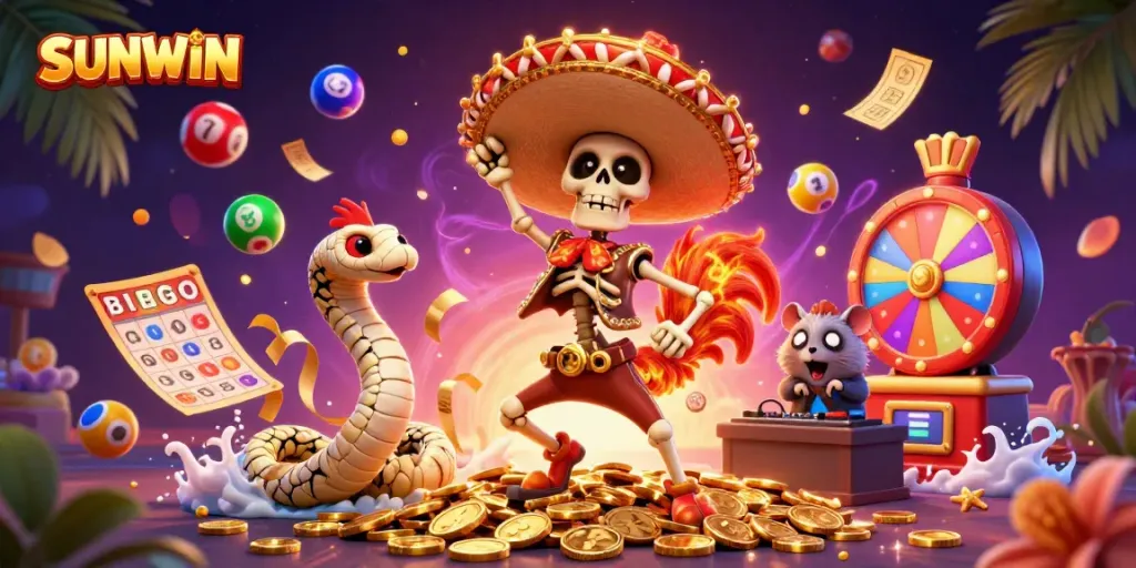 SUNWIN brand illustration featuring vibrant characters dancing and winning amidst lottery balls, prizes, and confetti.