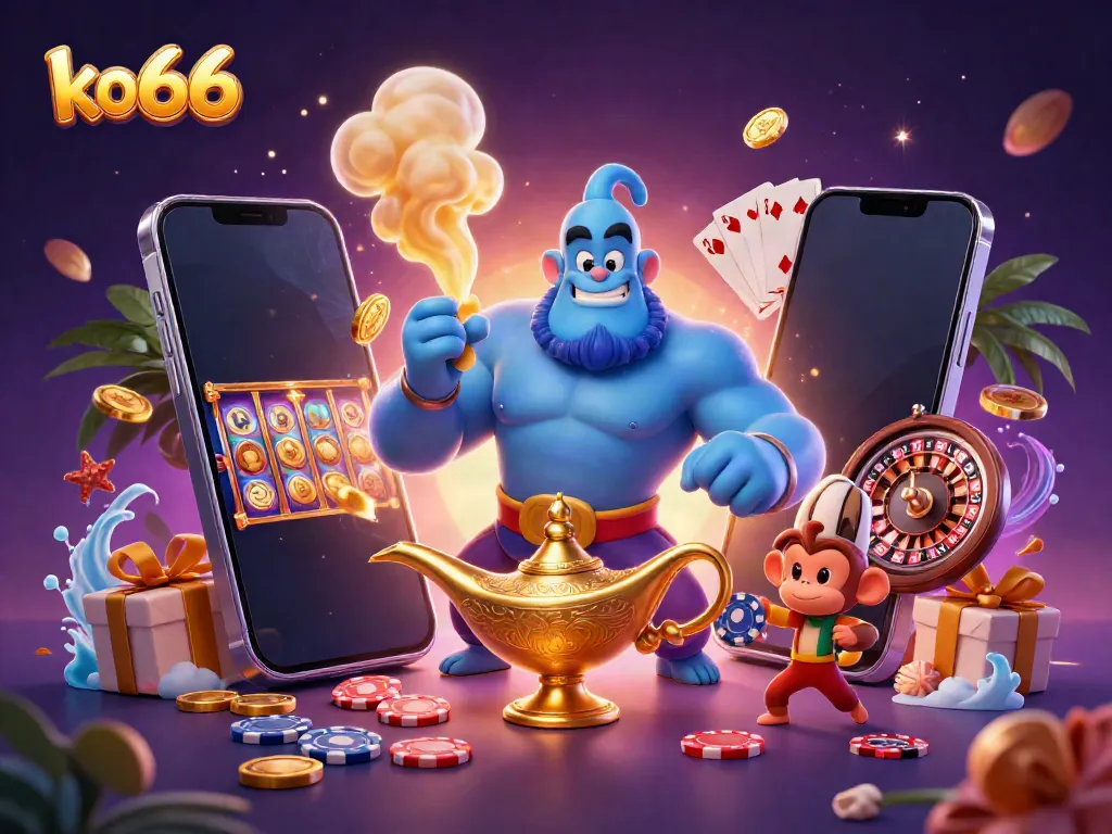 Experience the thrill of ko66 with a dynamic 3D scene featuring a blue genie, Aladdin-style monkey, and poker chips in action.