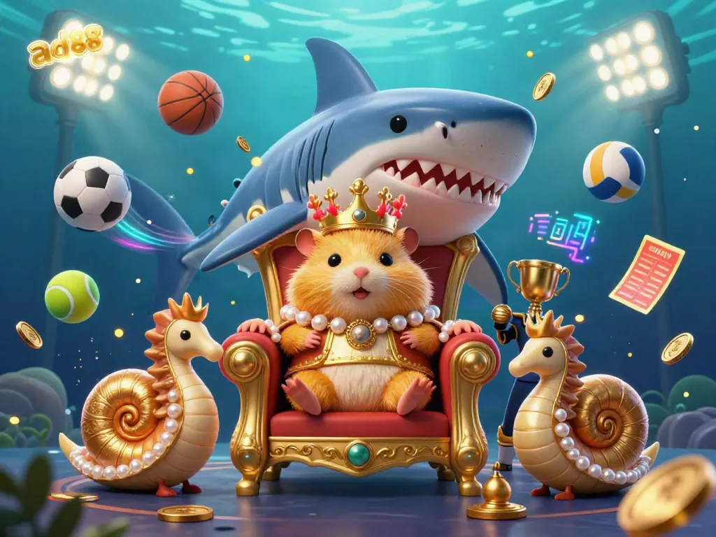 Engage with ad88 through a vibrant underwater scene featuring a hamster king and royal guards amidst sports elements.