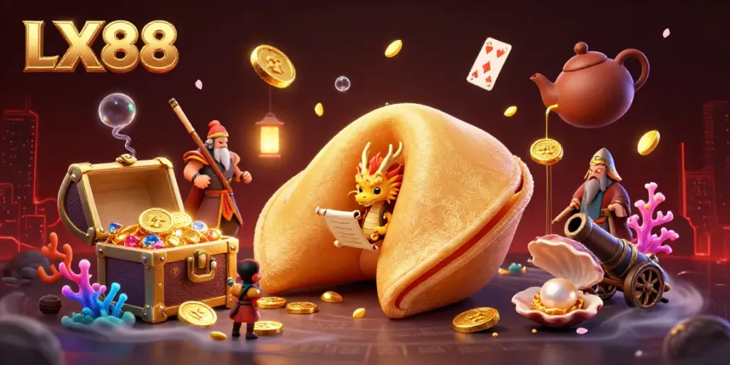 Engaging LX88 casino scene with a wise dragon and golden fortune cookie, vibrant treasure elements.