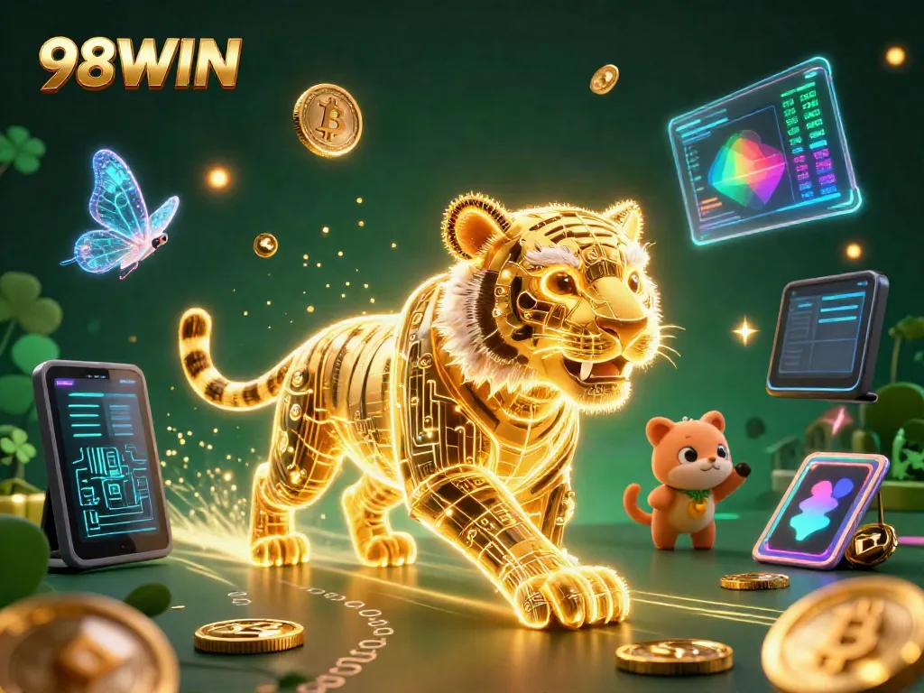 Experience the thrill of gambling at 98WIN with vibrant casino visuals and engaging characters.