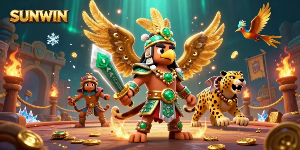 SUNWIN captures an exciting casino scene with an Aztec warrior and jaguar amidst swirling gold coins and vibrant colors.