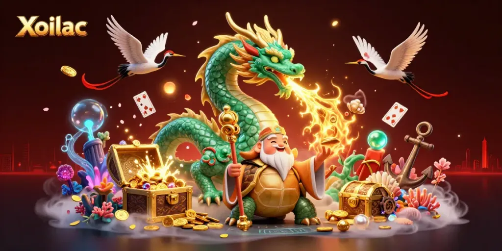 Xoilac showcases an enchanting dragon, turtle, and cranes amidst a vibrant casino backdrop, symbolizing fortune and excitement.