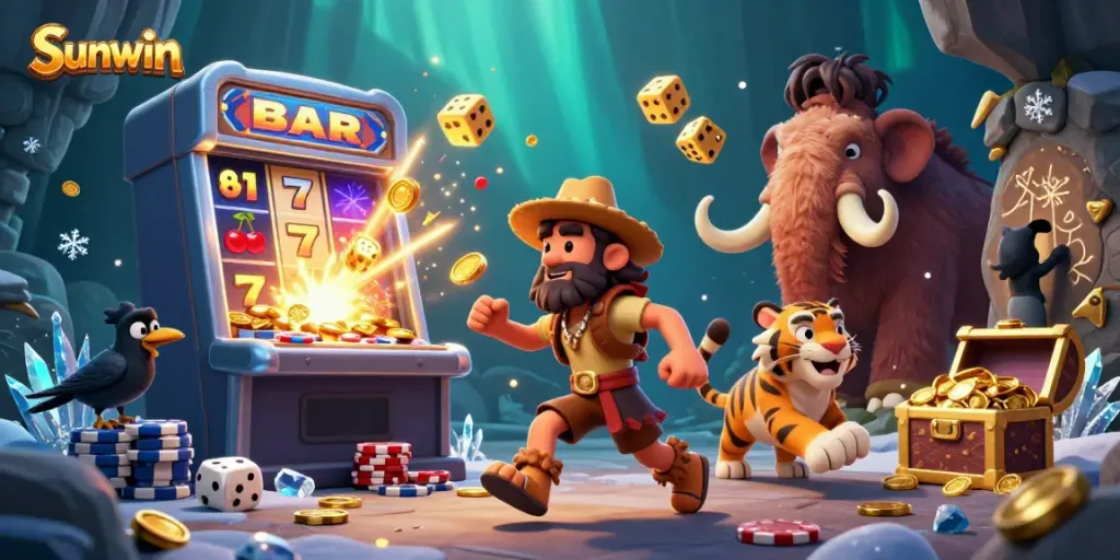 Experience excitement at Sunwin casino with animated characters amidst vibrant gambling action.