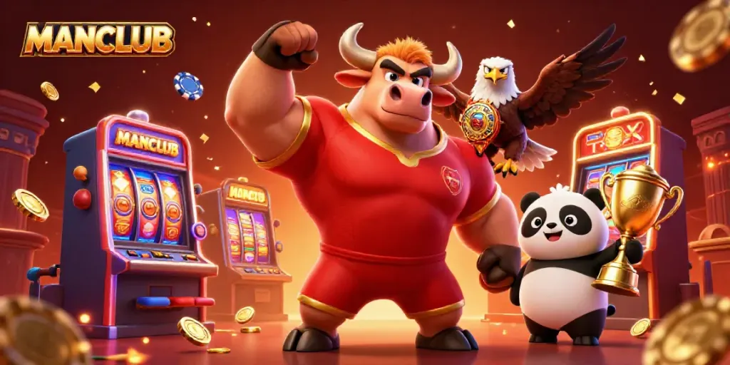 Engage with MANCLUB in a dynamic casino scene featuring vibrant slot machines and celebratory characters.