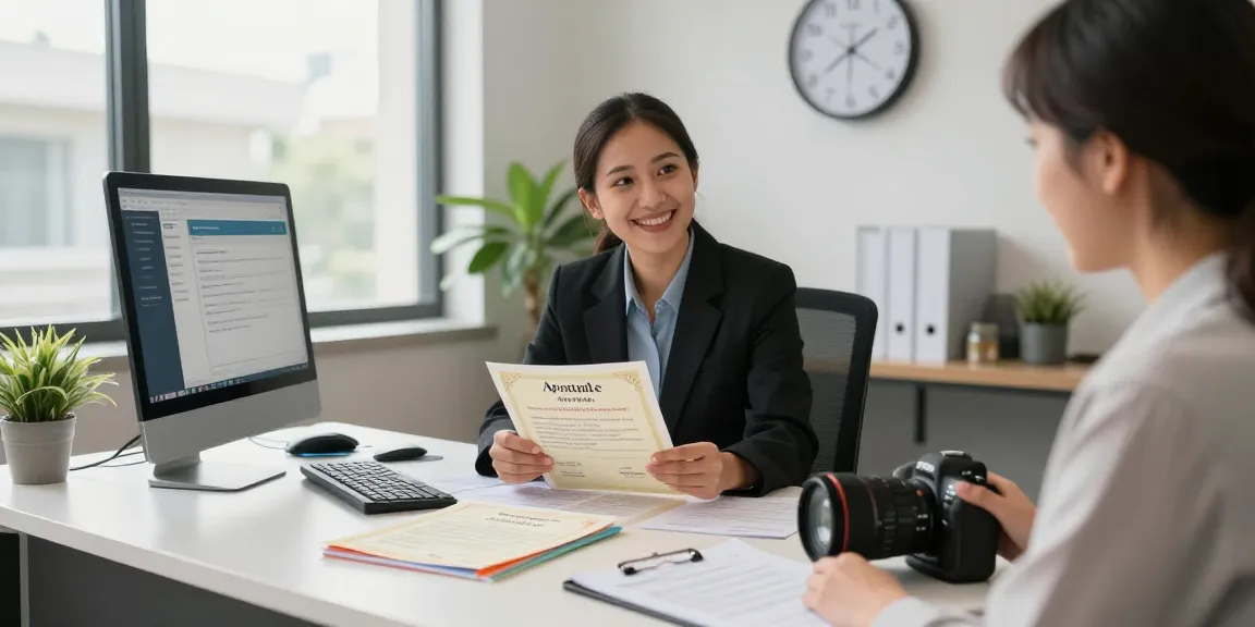 A welcoming office scene showcasing apostille services with a notary assisting a client, documents and computer present.