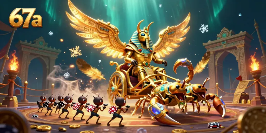 Engaging scene with the 67a colossal golden scarab beetle in a vibrant Persian casino environment.