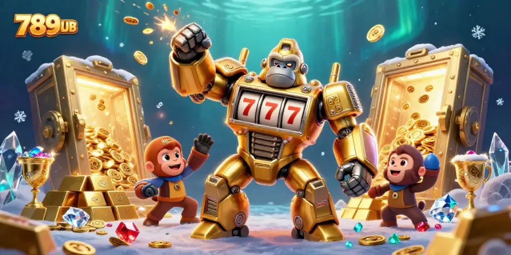 Experience thrilling gameplay with the 789CLUB golden gorilla mech surrounded by treasure in a vibrant casino setting.