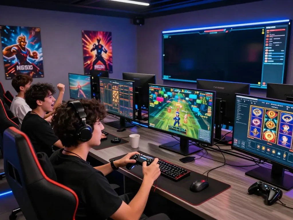 Players enjoying a thrilling session at Nohuwin, showcasing excitement and high-tech gaming environment.