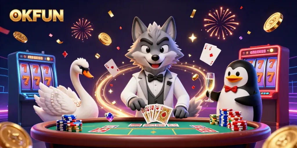 Experience the thrill of OKFUN with a vibrant 3D casino scene showcasing lavish characters, dynamic elements, and festive celebrations.