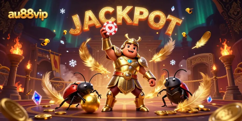 Experience the excitement of au88vip with a vibrant 3D digital illustration of a heroic beetle celebrating a jackpot.