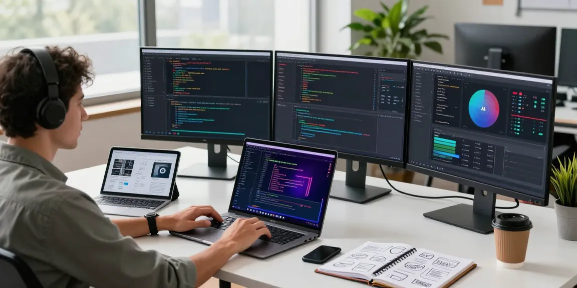 Developer working on an AI laptop in a modern workspace with vibrant code and design tools visible.