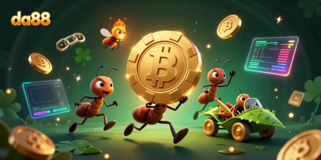Experience thrilling heists at da88 with lively cartoon ants carrying a giant poker chip amidst vibrant casino elements.
