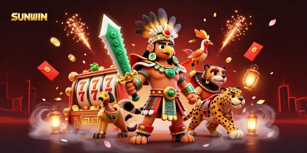 SUNWIN themed illustration showcasing dynamic slot game elements with Aztec character and vibrant gaming symbols.