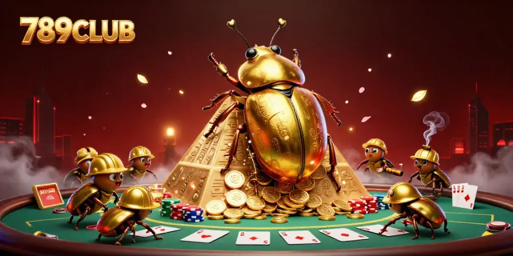 Engage with 789CLUB as a golden dung beetle rolls coins, surrounded by vibrant poker elements.