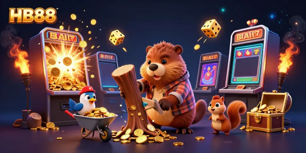 Engage with HB88's vibrant casino world with a beaver, bird, and squirrel amidst a jackpot scene.