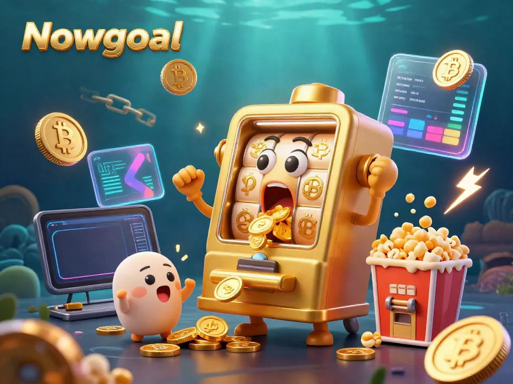 Experience the thrills of Nowgoal with this vibrant 3D illustration of a golden slot machine celebrating its jackpot.