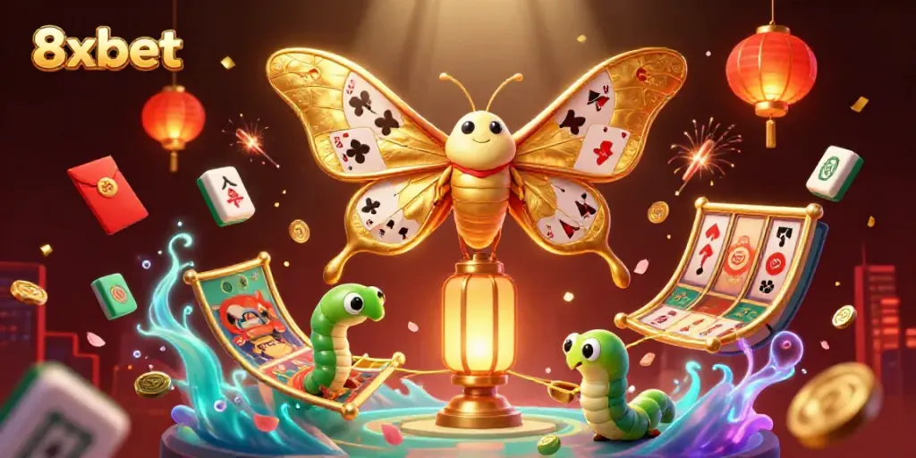 Experience thrilling 8xbet gaming adventures with a striking illustration of a golden moth amid casino elements.