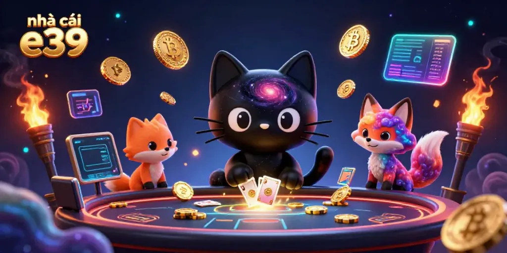 Engage with nhà cái e39 at a cosmic casino with vibrant 3D characters and crypto elements.