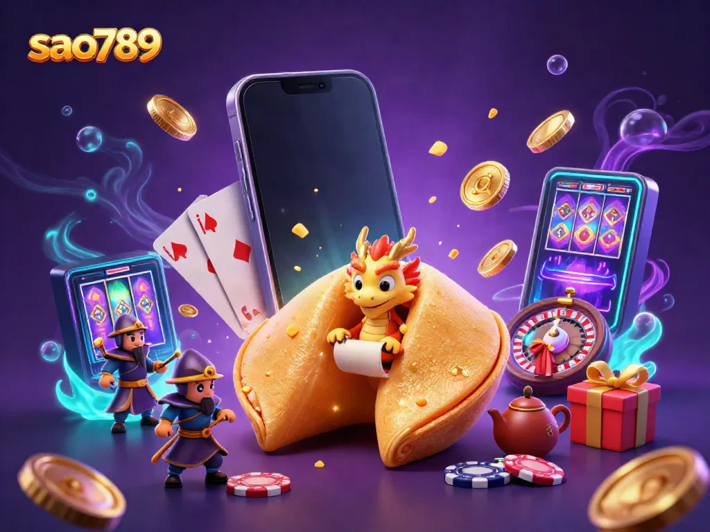 Experience premium gaming with sao789 in a colorful, dynamic 3D casino illustration showcasing fortune cookies and slot games.