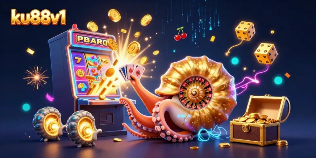 Experience thrilling gaming action at ku88v1 with a vibrant 3D scene featuring a giant nautilus and golden jackpot elements.