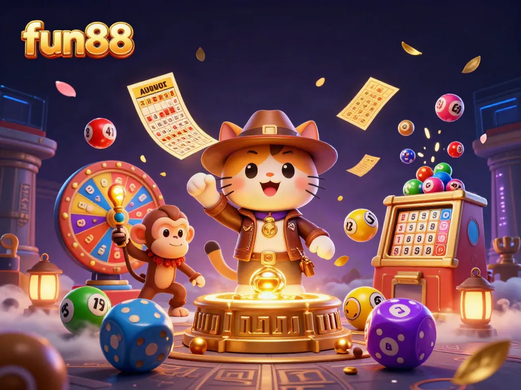 Experience fun88's vibrant gaming world with dynamic lottery balls and golden casino treasures.