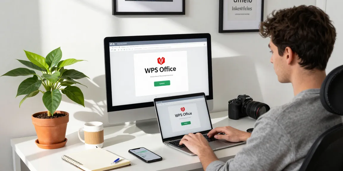 Downloading WPS Download software in a modern office workspace with a laptop and productivity tools.