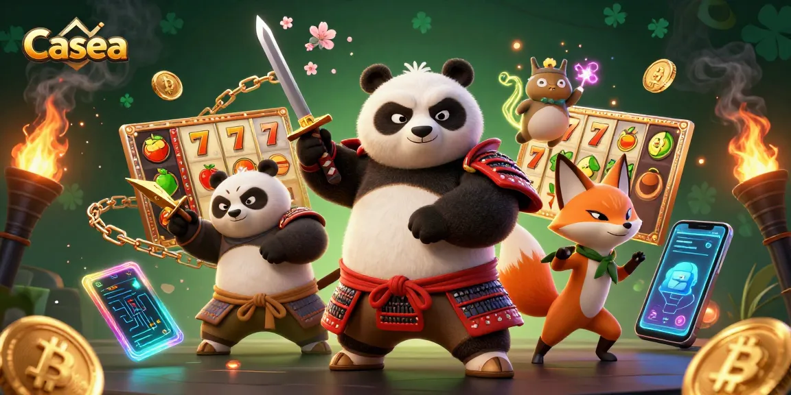 Casea's enchanting samurai panda and companions celebrate casino wins with vibrant visuals.