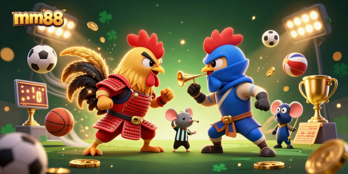 Experience thrilling action with mm88's cartoon roosters battling in a vibrant gambling scene.
