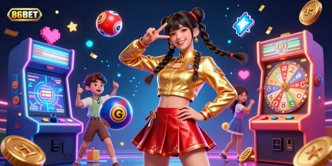 Experience the excitement of 86BET gaming with vibrant characters, colorful elements, and a dynamic casino atmosphere.
