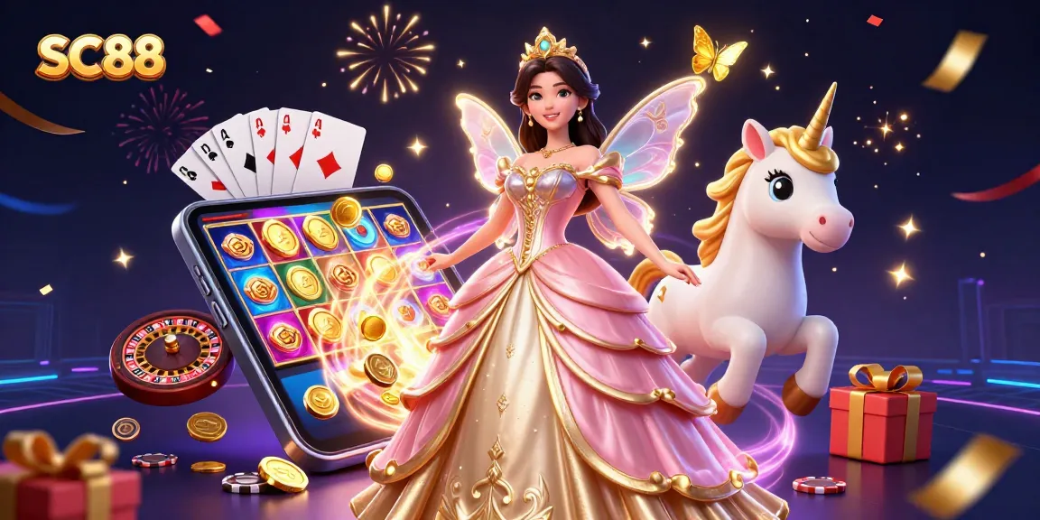 Experience exciting gameplay with SC88, featuring a fantasy scene of a glamorous woman and a unicorn surrounded by vibrant casino elements.