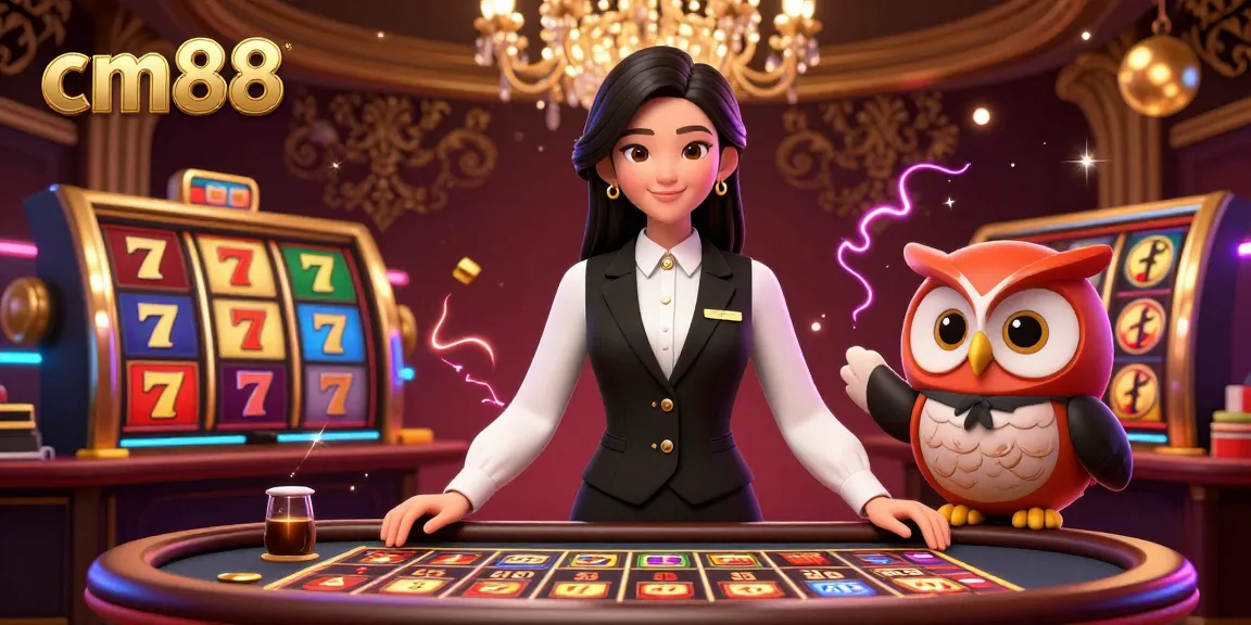 Engage with thrilling casino action at cm88 with a vibrant scene featuring a skilled dealer and a fun owl assistant.