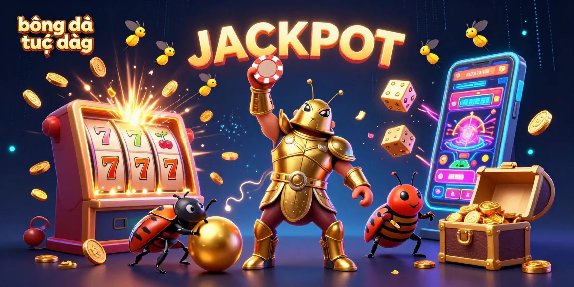 Experience bóng đá trực tiếp thrills with cartoon characters celebrating jackpot wins amidst a vibrant casino scene.