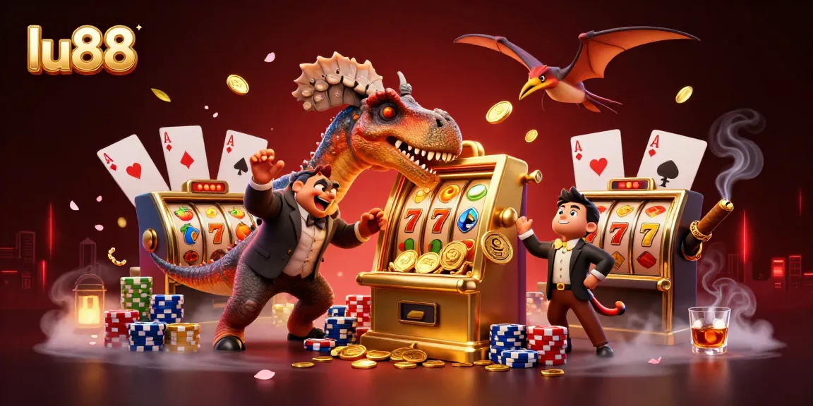 lu88 players enjoying a jackpot payout from a golden slot machine amid vibrant casino action