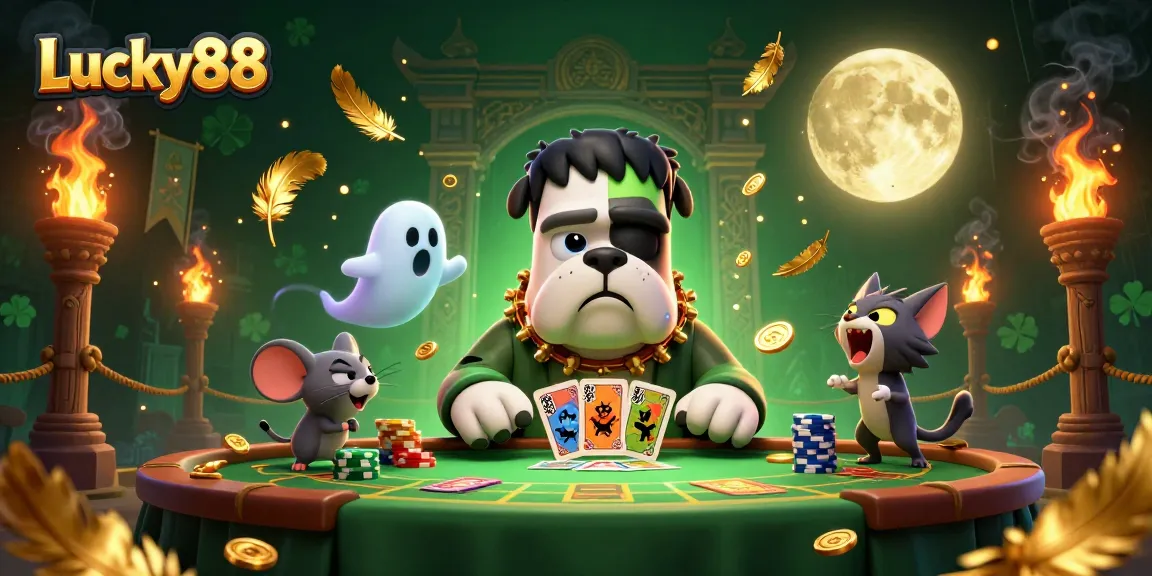 Engage with thrilling Lucky88 card games at a mystical table featuring unique characters and golden accents.