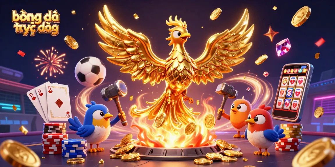 Engage in bóng đá trực tiếp with a vibrant illustration featuring a golden phoenix and sports elements.