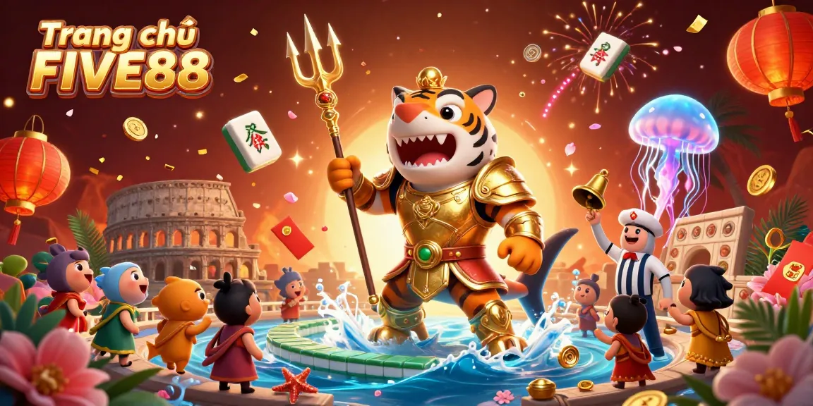 Experience the excitement at Trang chủ FIVE88 with a colorful underwater casino scene featuring vibrant characters and game elements.
