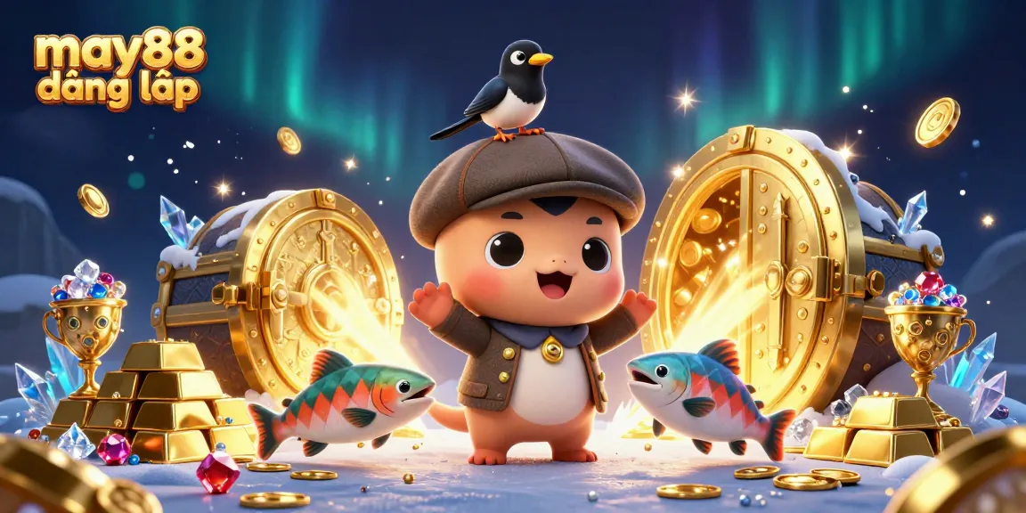Experience the excitement of may88 đăng nhập with a vibrant 3D casino illustration featuring captivating characters and gold treasures.