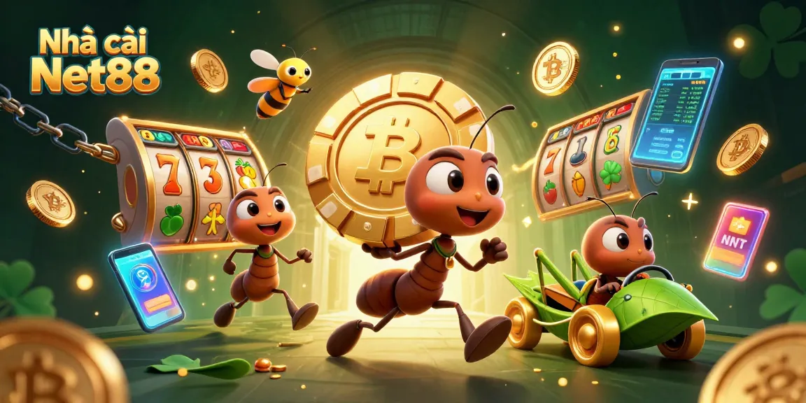 Engage with Nhà cái Net88 as ants carry a giant poker chip in a vibrant 3D casino heist scene.